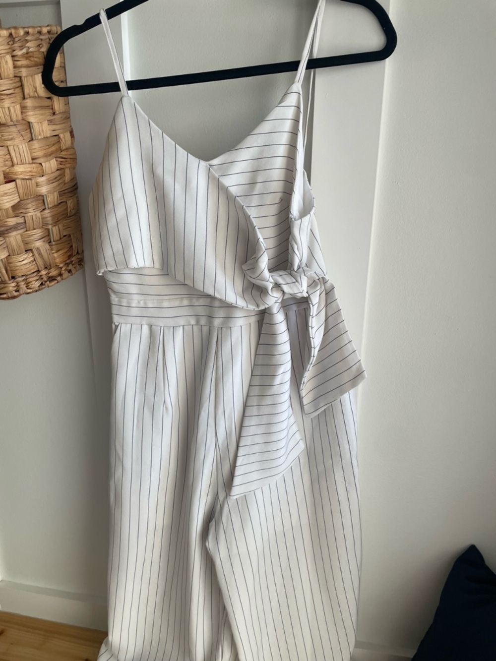 Striped White Ankle Length Jumpsuit with Tie Front